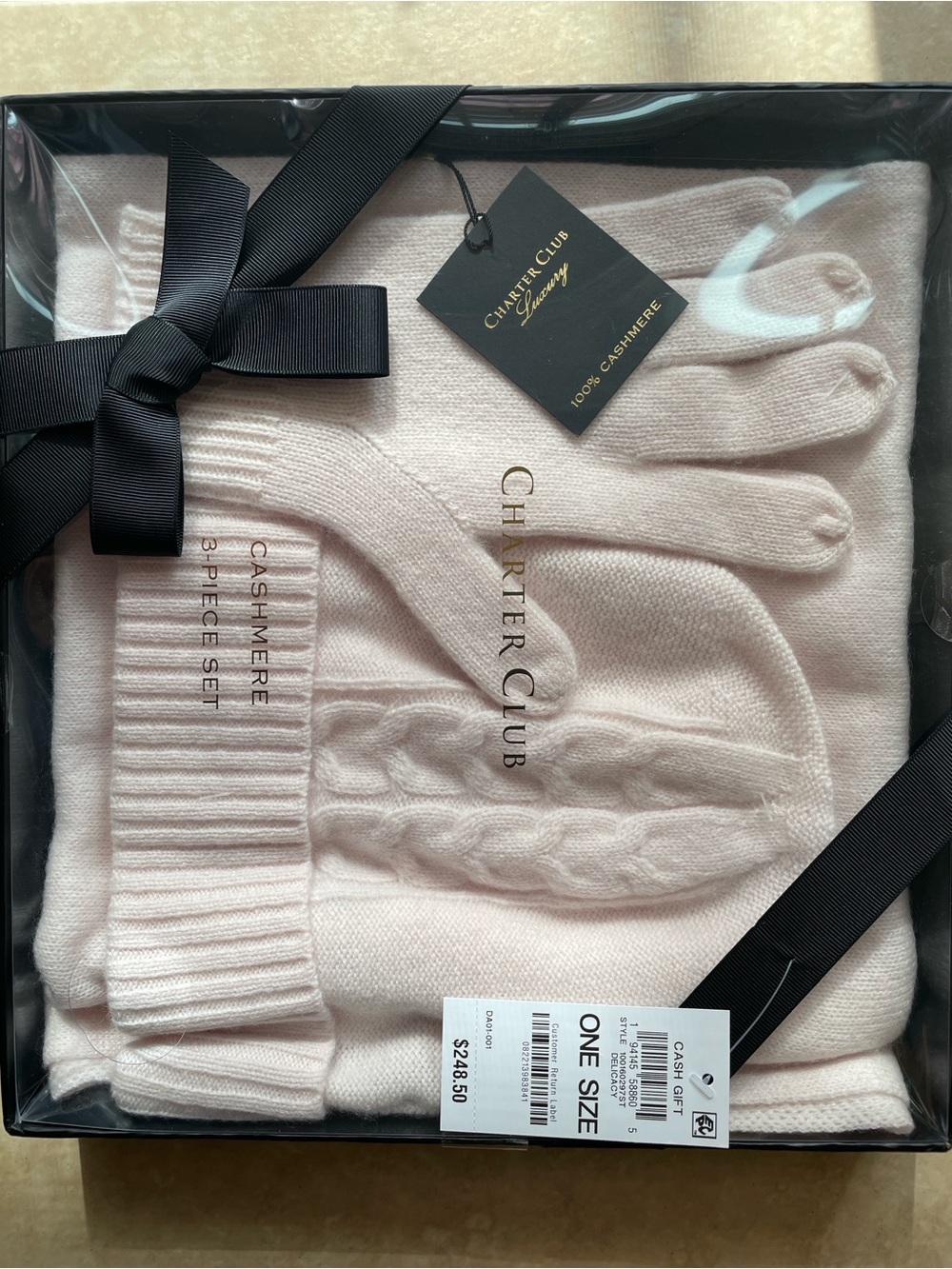 Charter Club Beige Cashmere Hat, Scarf & Gloves Set